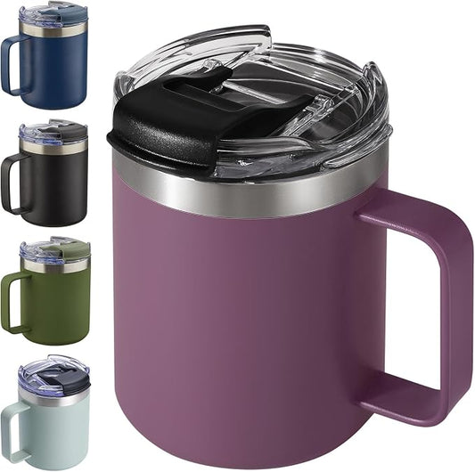 12oz Insulated Travel Coffee Mug with Handle, Plum | Stainless Steel Coffee Tumbler with Lid, Double Wall Vacuum Thermal Cup for Camping by ALOUFEA