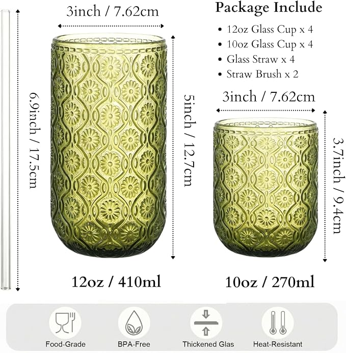 Green Drinking Glasses Set of 8, 12 Oz Highball & 10 Oz Cocktail Glasses with Straws, Thick Glass Iced Coffee Cups, Floral Embossed Kitchen Vintage Glassware Set for Water, Beer, Juice, Whiskey - Image 6