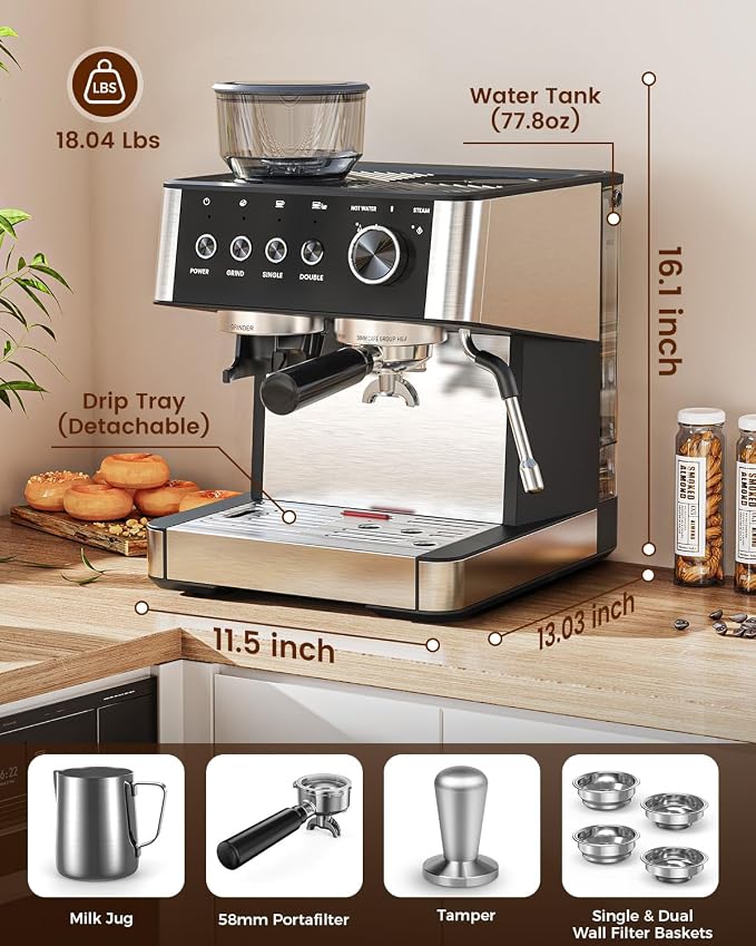Espresso Machine with Grinder, Professional Expresso Coffee Machines,Coffee Maker with Tamping Tools and Steam Wand, 30 Grind Settings, Removable Water Tank for Cappuccino/Latte-Stainless steel&Black - Image 7