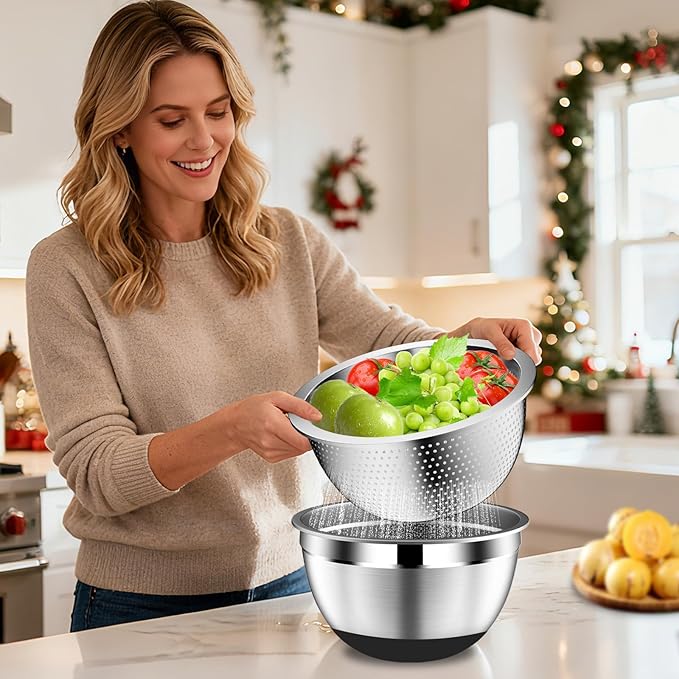 DUTZUN Kitchen Appliances, Large Mixing Bowls with Lids Set & Colander | 6.0 QT Stainless Steel Mixing Bowl with Strainer & Graters for Baking, Serving, Cooking, Prep, Salad - Image 6
