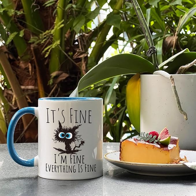FALJIOK Funny Cat Coffee Mug Gifts for Cats Lover, It's Fine I'm Fine Everything Is Fines Coffee Mug 11oz, Novelty Mugs Gift for Women Man, Cats Lover Birthday Christmas Gifts (blue cat) - Image 4