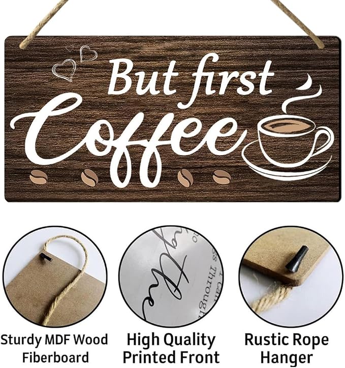 But First Coffee Sign - Wooden Coffee Bar Art, 6 x 12 Inch - Image 2