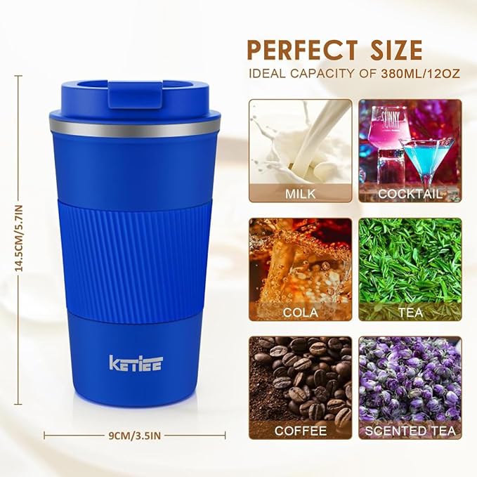 KETIEE Travel Coffee Mug 12oz: Insulated Travel Mug with Leakproof Lid, Reusable Coffee Cups with Seal Lid, Vacuum Stainless Steel Tumbler to Go for Hot/Ice Drinks (Blue) - Image 6
