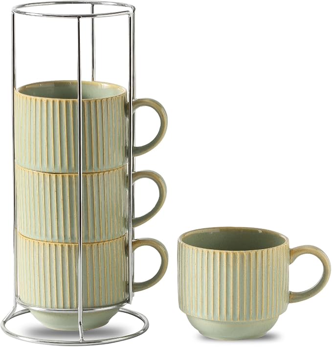 HASENSE Ceramic Coffee Mugs Set of 4 with Rack - 15 oz Stackable Large Porcelain Ribbed Latte Cup Set for Cappuccino, Tea, Hot Cocoa, Drinks - Dishwasher & Microwave Safe, Green Earth by Hasense
