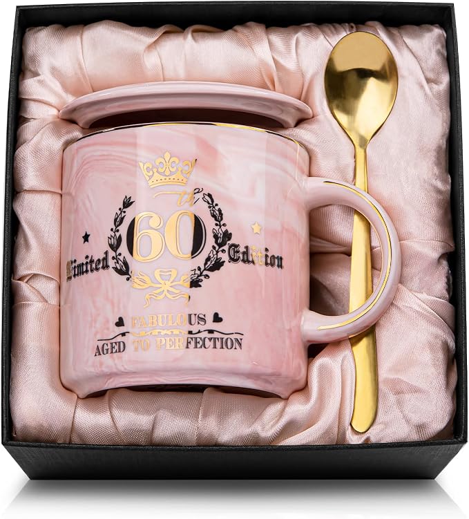 60th Birthday Gifts for Women - Fabulous 1966 Aged to Perfection Happy Birthday Mug - Limited Edition 60th Pink Coffee Mug Printed with Gold, Gift Idea for Turning 60 Years Old Women, Gift Boxed | Limited Edition 60th Pink Happy Birthday Mug Printed wi... by Biching