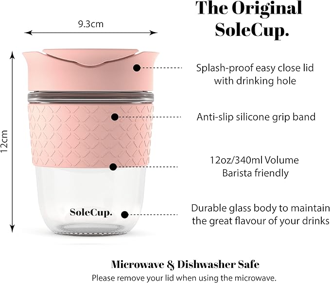 Reusable Strengthened Glass Travel Cup - Spill Proof Insulated Coffee Mug - 12oz/340ml BPA-Free Hot Drink Travel Mug with Lid & Silicone Band (Pink, 12oz)