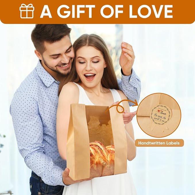 50 Pcs Bread Bags for Homemade Bread with Window & 60 Sealing Stickers | Food-grade kraft paper (13.7x8.2x3.7in), tear, water & grease resistant. Ideal for cookies, snacks, bagel and bread storage. - Image 5