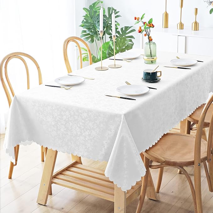 Smiry Rectangle Waterproof Heavy Duty Vinyl Tablecloths, 70 x 120 Inch | Wipeable Washable Floral Embossed Table Cover for Kitchen and Dining Room, Indoor & Outdoor Use, White - Image 2