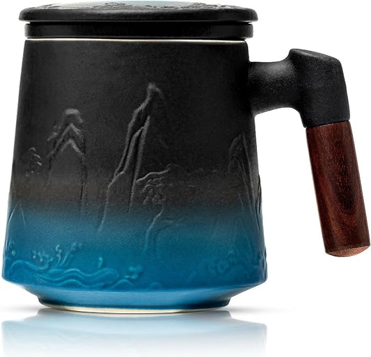 suyika Ceramic Tea Cup with Infuser and Lid, Gradient Embossed Large Tea Mug Wooden Handle for Steeping Loose Leaf, Tea Lover Gifts 15.2 oz / 450 ml,Black & Cyan by suyika