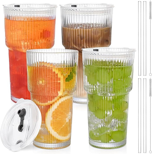 20oz Glass Cups with Lids and Straws,1PCS Ribbed Glass Tumbler with Straw and Lid,Reusable Iced Coffee Cups Drinking Glasses for Juice Whiskey Cocktail