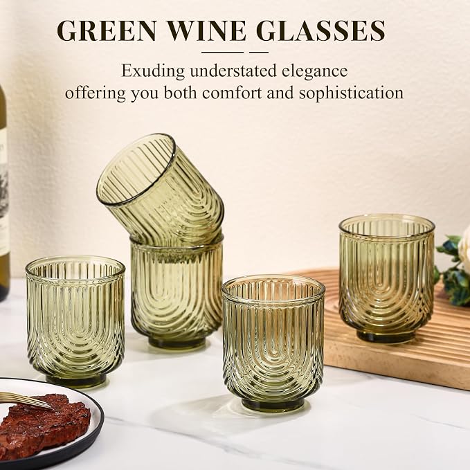 Green Vintage Drinking Glasses Set of 6-15oz Hand-Blown Highball Ribbed Glassware, Arch Design Cocktail Glasses for Whiskey Water Beverages Ice Coffee Juice Milk - Image 2