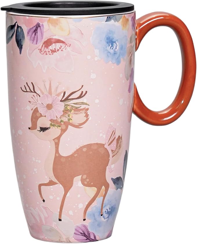 Cute Deer Mug - Travel Mug with Lid, Ceramic Large Coffee Mug, Christmas Holiday Birthday Gifts for Mom Wife Daughter 20oz by ToCooTo