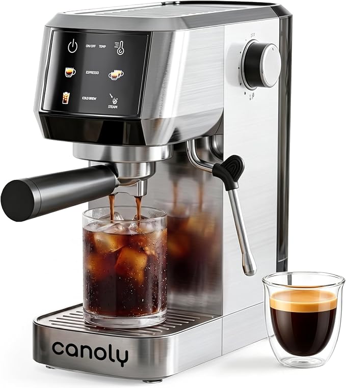 Canoly 2-in-1 Espresso Machine, Cold Brew Maker, 20 Bar Pump, Touchscreen | Steam Milk Frother for Cappuccino and Latte, Compact Home Espresso Maker, 9 Bar Extraction, Fast Heating, Easy Cleaning by Canoly