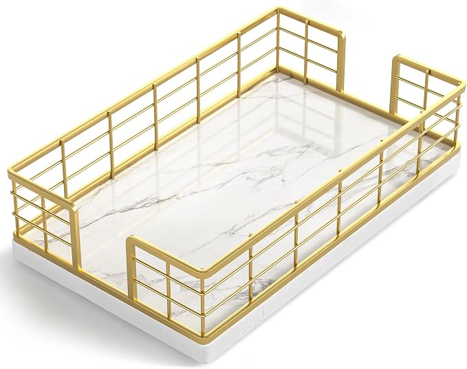 Wican Marble Guest Towel Holder Tray for Bathroom, Napkins Holder | Powder Room Dining Table Wooden Basket for Disposable Paper Hand Towels, Gold and Marble White by Wican
