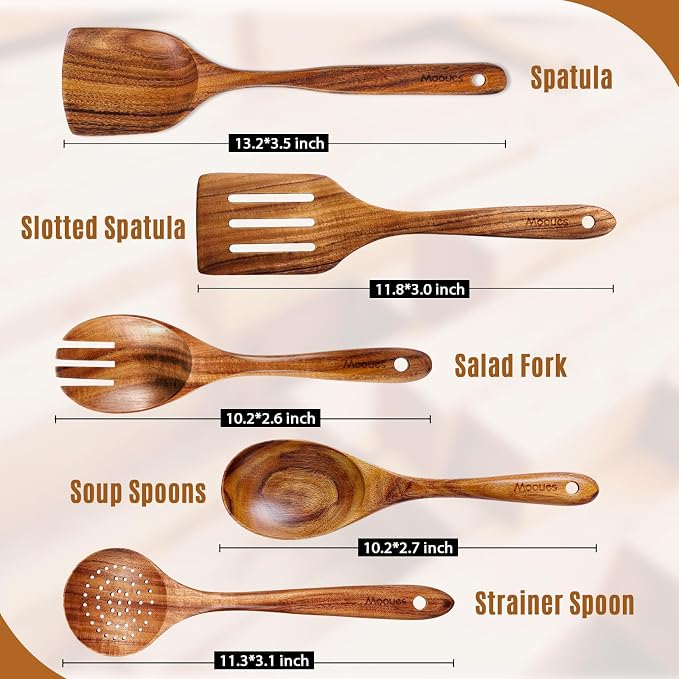 Wooden Kitchen Utensil Set, 5 PCS Natural Teak Wooden Spoons for Cooking | Wooden Spoons for Cooking with Comfort Grip, Smooth Durable Heat Resistant Cooking Spoons and Cooking Utensils for Cooking - Image 5