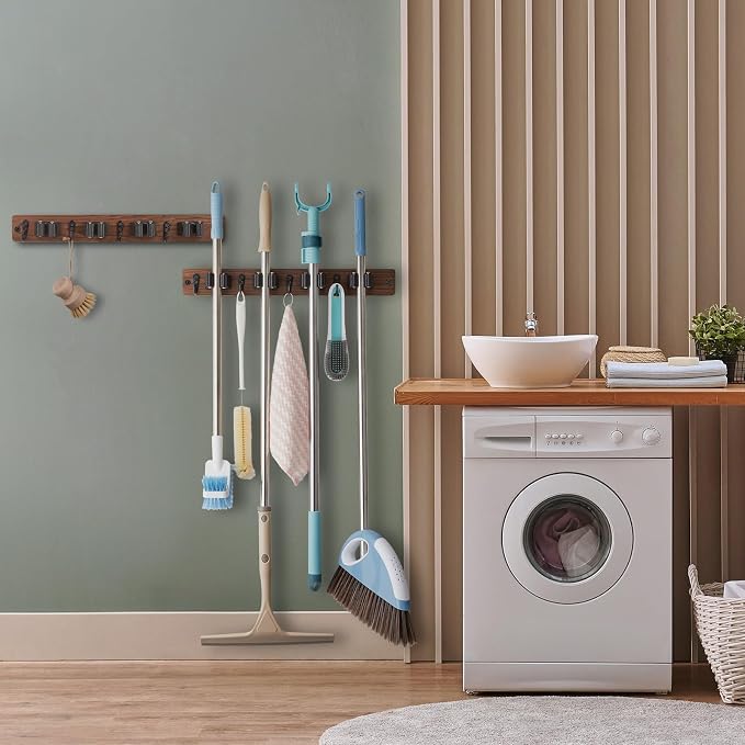 OUTNILI 2 Pack Mop Broom Holder Wall Mount - Wood Broom Mop Hanger - Wall Mounted Garden Tool Rack Organizer for Closet Garage Laundry Room Farmhouse Rustic Kitchen Decor With 4 Slots & 4 Hooks - Image 3