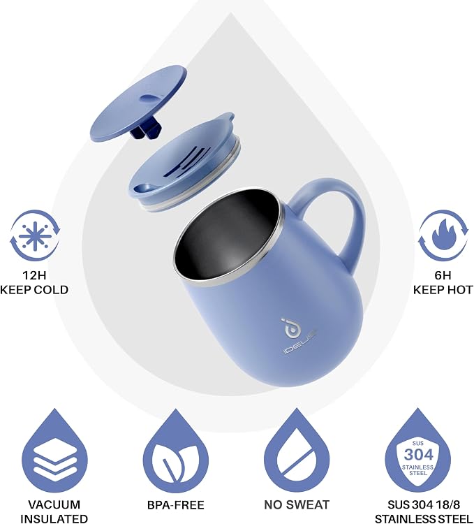Ideus 16 oz Insulated Coffee Mug with Handle and Lid, Double Wall Stainless Steel Vacuum Thermal Coffee Mug, Travel Coffee Cup Thermal Cup for Home and Office, Ocean Blue 2.0 - Image 2