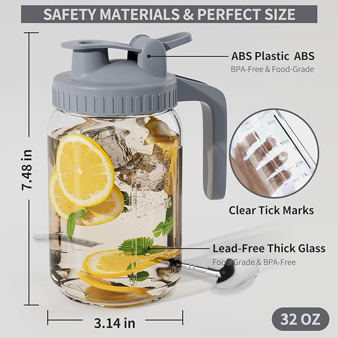 Glass Mason Jar Pitcher - 32oz Breast Milk Pitcher with Pour Spout Lid, Airtight Seal - Ideal for Cold Brew Coffee, Juice, Lemonade, and More - Premium Glass Jug for Beverages and Sun Tea