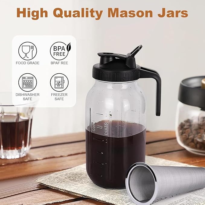 Cold Brew Coffee Maker Jar, Stainless Steel Filter Thick Glass Jar, Iced Coffee Pitcher with Spout Lid and Handle, Dishwasher Safe for Working from Home (2000ml)