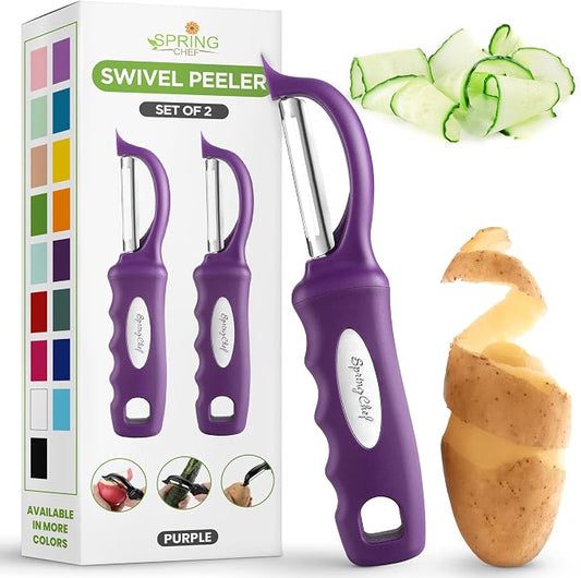 Spring Chef Swivel Vegetable Peeler w/Ergonomic Handle, Set of 2, Purple | Premium Potato Peeler w/ Ultra Sharp Stainless Steel Blades, Multifunctional Veggie Peeler for Apple, Carrot, Cucumber, Fruit by SpringChef