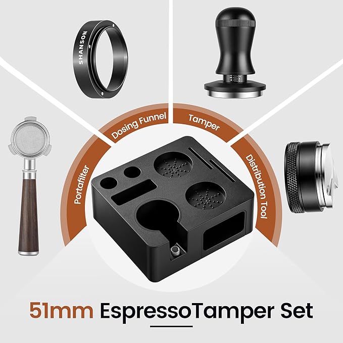 ShanSon Espresso Accessories Kit,7-in-1 51mm Compact Espresso Tamper Set: Espresso Tamper, Distributor, Bottomless Portafilter, Dosing Funnel,Station