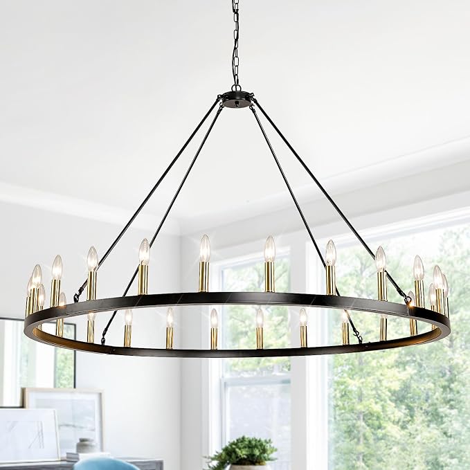 WJShome 24-Light Wagon Wheel Chandelier Farmhouse, 54" Extra Large Chandeliers for High Ceilings, Round Chandeliers for Dinning Room, Entryway, Foyer, Living Room（Black & Gold） by SofaFurniture