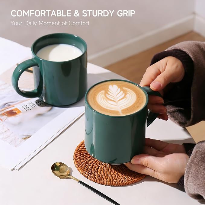 Coffee Mugs Set of 4, Stoneware Coffee Cups with Comfortable Handle, 16oz Ceramic Mugs for Kitchen & Office, Dishwasher & Microwave Safe - Green - Image 4