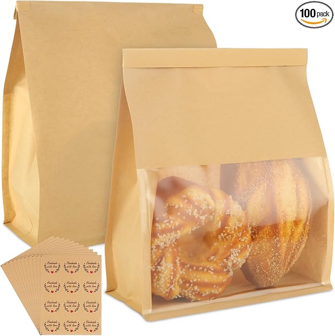 QTLCOHD 100 Pcs Bakery Bags with Window - 8.2 x 3.9 x 9.4 Inch Tin Tie Tab Lock Sourdough Paper Bread Bags for Homemade Bread, Cookie, Pastry, Treat Packaging, Brown by QTLCOHD