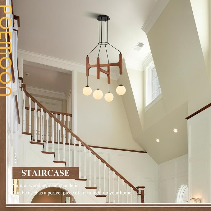 Rustic Wood Chandeliers with Milk Glass Globes Lampshades L24 '' Unique Mid Century Long 4-Light Pendant Chandelier Wood Stained Walnut Farmhouse for Living Dining Room Entryway Bedroom Kitchen,G9 - Image 9