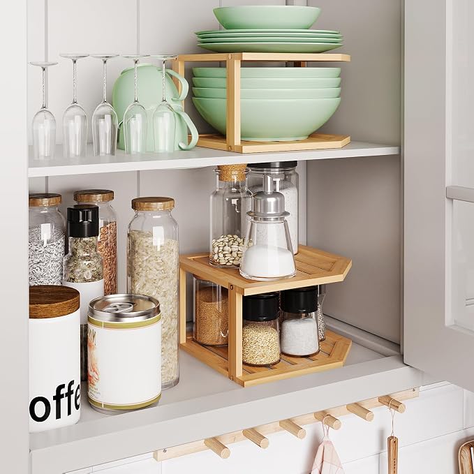VERTORGAN 2 Tier Bamboo Dish Drying Rack,Corner Shelf 2 Pack | Pantry Storage,Dish Rack,Spice Rack,Corner Organizer,Kitchen Counter Shelves,Kitchen Storage,Holds Plates - Image 2