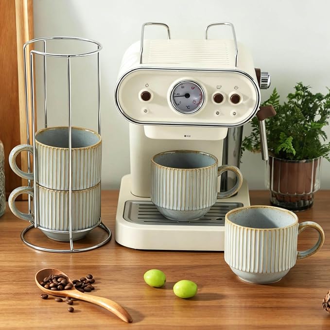 HASENSE Stackable Coffee Mugs, 15 Oz Ceramic Coffee Mugs with Stand, Vertical Striped Coffee Cups Set of 4 with Handle, Space-Saving Suitable for Kitchens and Coffee Nook, Blue-Gray - Image 5