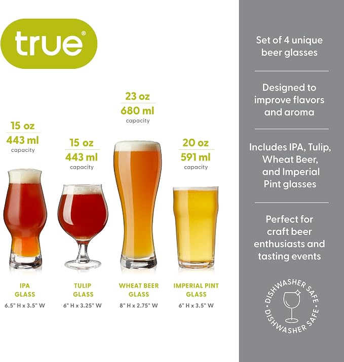 True Beer Glasses Gift Set, Durable Clear Tasting Kit for IPA, Belgian Ales, Wheat Beers, Stouts, Porters, Perfect for Beer Lovers, Home Bar, Birthday Gifts for Men, Set of 4 - Image 3
