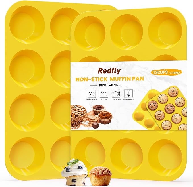 Redfly 2 Pack Silicone Muffin Pans for Baking & Cupcake Pan - 12 Cup Regular Size Silicone Molds, BPA Free Egg Bites Mold,Yellow by Redfly