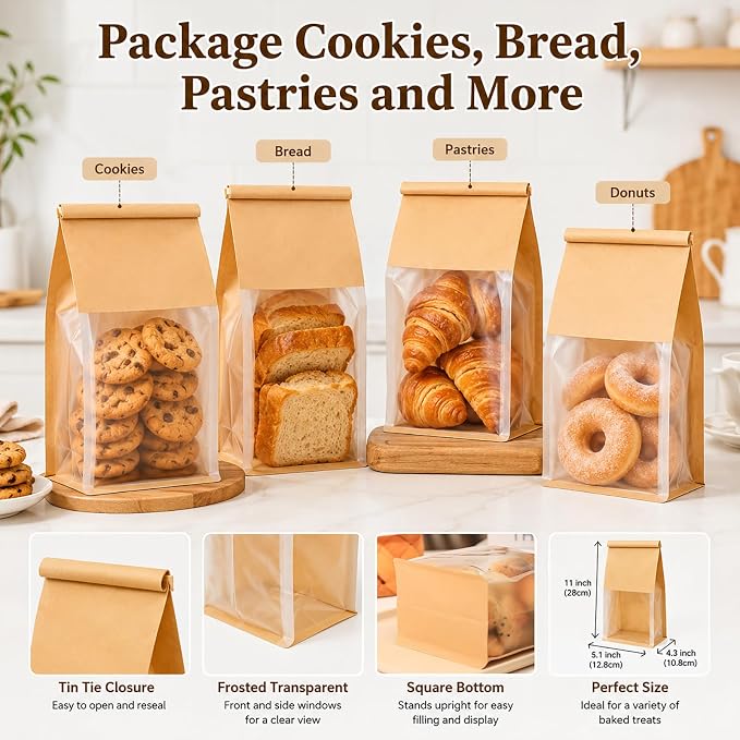 Kraft Bakery Bags with Window & Tin Tie, Stand Up Bread Bags | Window Paper Bags for Homemade Bread, Cookies, Pastries & Treats, Grease Resistant Packaging for Bake Sale, Bakery & Gifts - Image 5