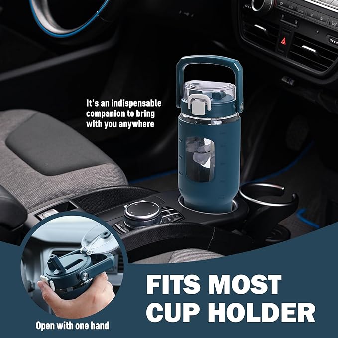 BLUEGO 40oz Glass Tumbler with Lid and Straw, Glass Water Bottles with Handle, Glass Cup with Time Marker and Silicone Sleeve, Fits Most Cup Holder, Leak-proof, Dark Blue