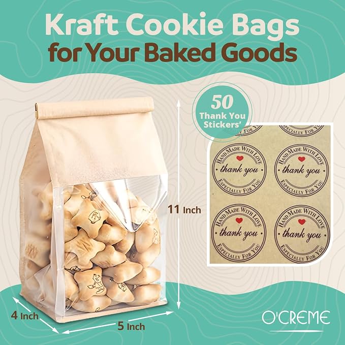O’Creme 50 Pcs. Small Bakery Bags with Window, Cookie Bags Brown Paper Bag with Resealable Tin Tie Tab for Cookies, Treats, Baked Goods, Muffins, Pastries, Granola, Coffee Beans (11”x5”x4”) - Image 3