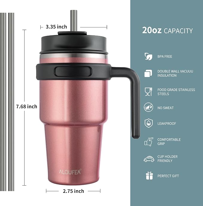 20 oz Insulated Travel Coffee Mug Tumbler with Handle and Straw | Leakproof Stainless Steel Coffee Cup with Lid, Double Wall Vacuum Ice Thermal Cup, Rose Gold - Image 2