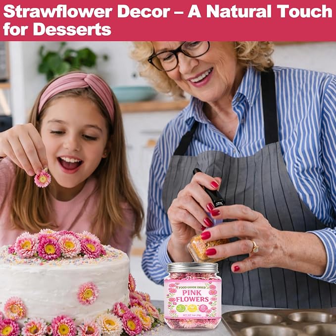 50+ Edible Dried Flowers for Cake Decorations - Food Grade Dried Pink Strawflower Blooms for Cocktail Garnish & Cupcakes, Drink Toppers, DIY Crafts - Image 7