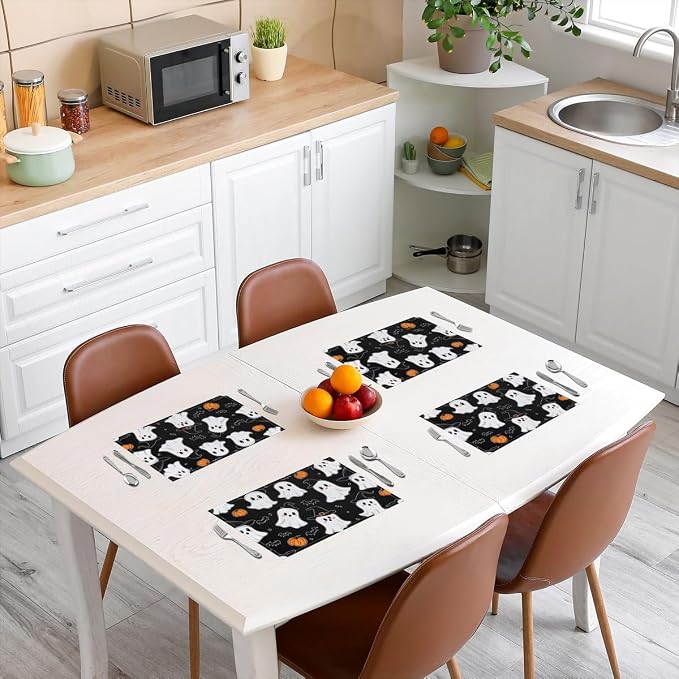 Feelyou Happy Halloween Placemats Set of 4 Cute Ghost Pumpkin Table Mats for Party Kitchen Dining Decoration Black White Orange Place Mat for Table Holiday Decor Indoor Outdoor 18"x12" Non-Slip Bats - Image 3