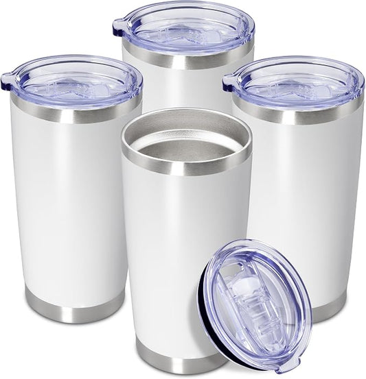 20oz Tumbler Insulated Coffee Tumblers with Lid Stainless Steel White 4P | 20 oz Tumblers Double Wall Insulated Vacuum 20oz Coffee Mug Leak Proof Tumblers with Lid Powder Coated - White 4 Pack by AEPDTD