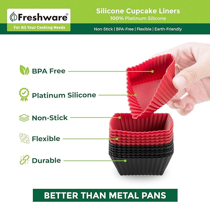 Freshware Cupcake Liners, Pack of 12 Silicone Muffin Cups, Baking Cups, Reusable & Non-stick Cupcake Liners for Party Halloween Christmas, Square