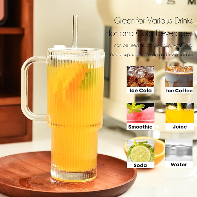 ALINK 26 oz Ribbed Glass Tumbler with Handle Lid and Straw, 2 Pack Ripple Large Iced Coffee Cups with Straws, Aesthetic Glass Travel Tumbler for Hot & Cold Beverages, Smoothies, Tea and Juice - Clear