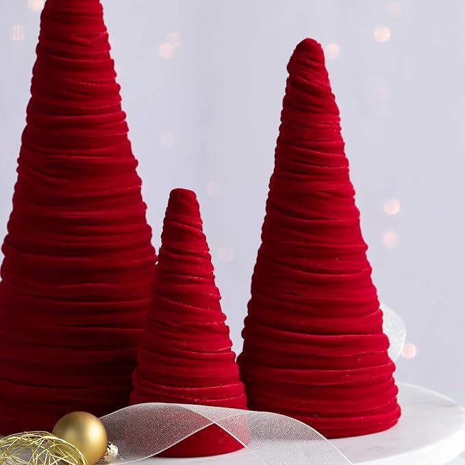 Your Heart's Content Red Velvet Trees Set of 3, Winter Wedding Centerpiece, Valentine Tabletop Tree Decor, Cozy Handmade Romantic Home Decor, Bookshelf Accent, Gift for (Red) - Image 4