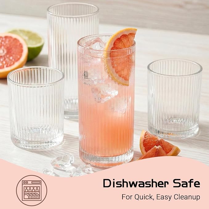 JOVGANK Drinking Glasses Set of 8 – Lead-Free Crystal Glassware, 4 Tall 15oz & 4 Short 10oz Vintage Ribbed Tumbler Glasses, Dishwasher Safe, for Juice Beer Cocktails, Great Housewarming Gift, Set A - Image 7