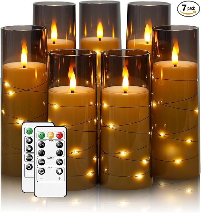Flameless Candles,with Embedded Star String, Battery Operated Candles Flickering LED Pillar Candles with Remote Control and Timer, Home Decoration Add a Warm and Romantic Atmosphere，Set of 7 (Grey) by sasigeiaa