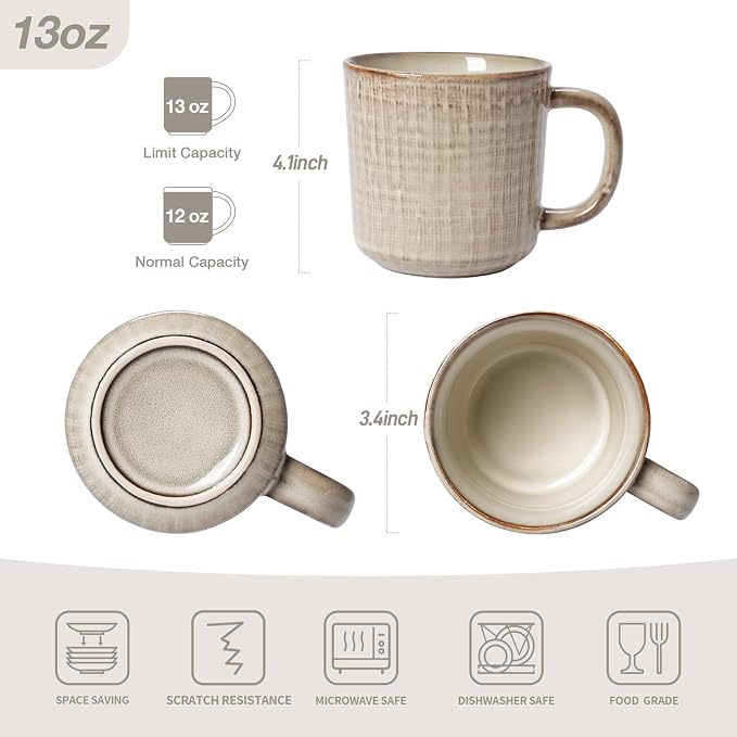 famiware Moonlight Coffee Mug Set of 4, 14oz Mug Set with Linen Finish, Coffee Cup Set with Handle for Latte, Cappuccino, Tea, Hot Cocoa, Microwave and Dishwasher Safe, Summer Sand - Image 6