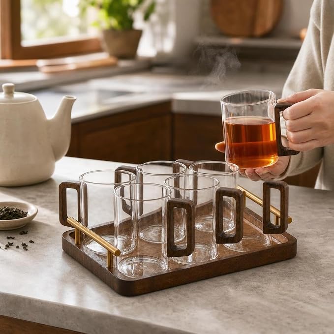 Borosilicate Glassware Set - Heat Resistant Drinking Glasses Set for Hot and Cold - for Home Use, Transparent wooden handle cups (300ML)*6 + tray (with handle) - Image 3