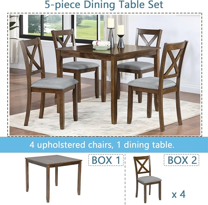 5-Piece Dining Table Set for 4, Kitchen Dining Table with 4 Soft Cushioned Solid Wood Chairs, Ideal for Home or Restaurant Use.(Walnut_Small) - Image 5
