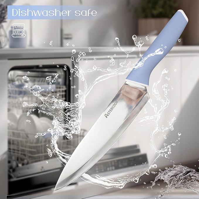 Astercook Kitchen Knife Set with Block and Sharpener 15 Piece German High Carbon Stainless Steel Knives Sharp Blade Dishwasher Safe Deba Knives with Ergonomic Handle, Delicate Blue - Image 9