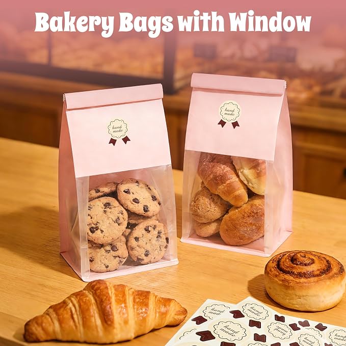 100 Bakery Bags with Window, 5.1x3.9x11 Inches Paper Bread Bags, Tin Tie Tab Lock Cookie Bags Food Storage Bag for Snacks, Popcorn, Candies, 120 pcs Stickers Included (100, Medium) - Image 5